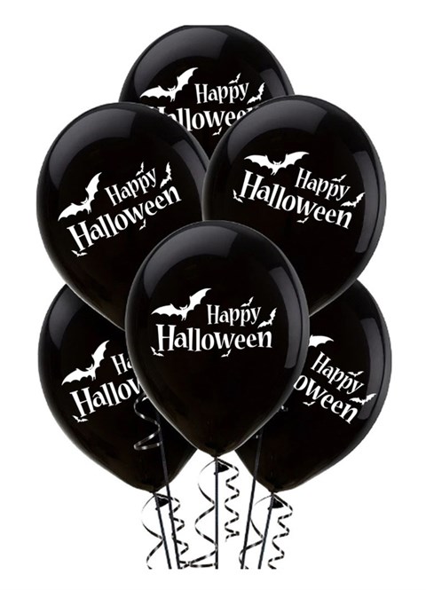 Cadılar Bayramı - Happy Halloween ve Yarasa Baskılı Siyah Balon 10'lu