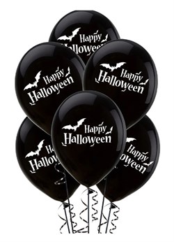 Cadılar Bayramı - Happy Halloween ve Yarasa Baskılı Siyah Balon 10'lu